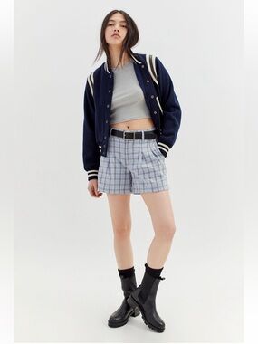 UO Light Blue Plaid High-Waist Shorts